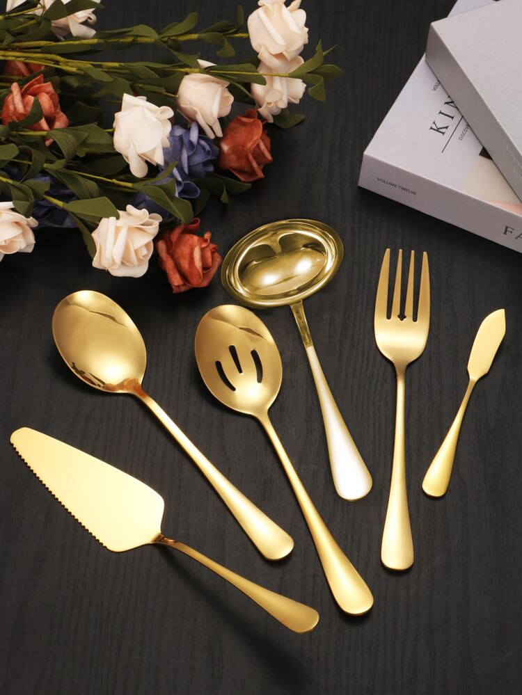 6pcs Stainless Steel Cutlery Set, Golden Flatware Set For Hotel Restaurant | SHEIN