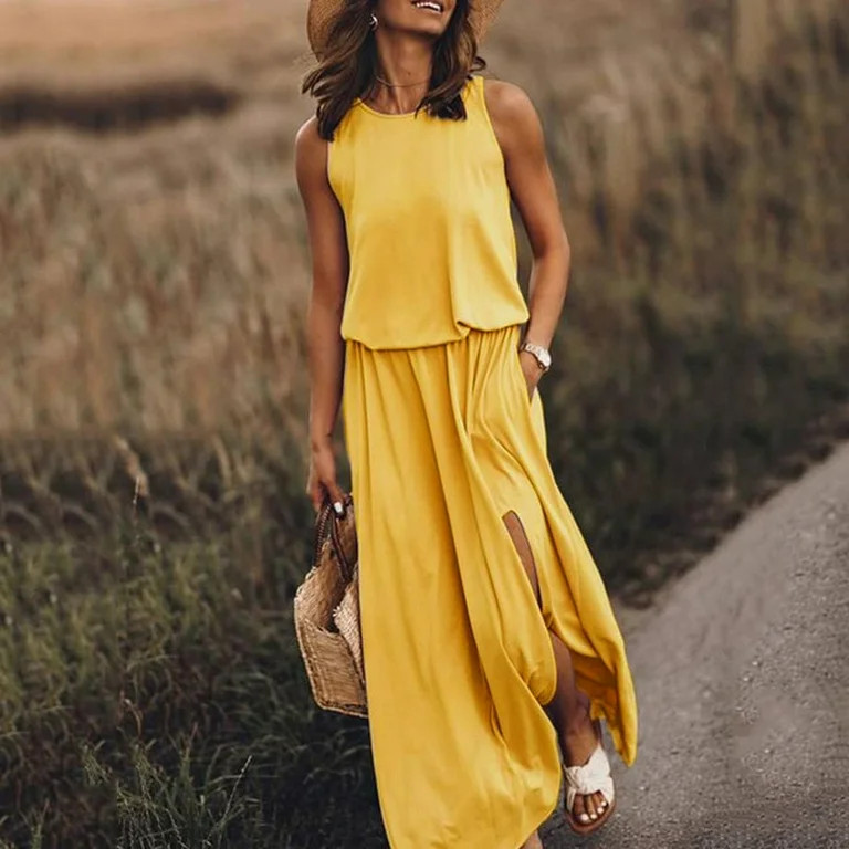 qucoqpe Women Summer Sleeveless Swing Long Maxi Dresses Fashion Solid Crew Neck Slit Casual Loose... | Walmart (US)