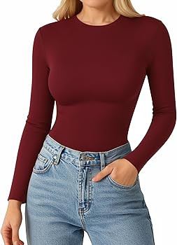 MANGOPOP Double Lined Long Sleeve Tops for Women Crew Neck T Shirts Basic Tee Womens Going Out To... | Amazon (US)