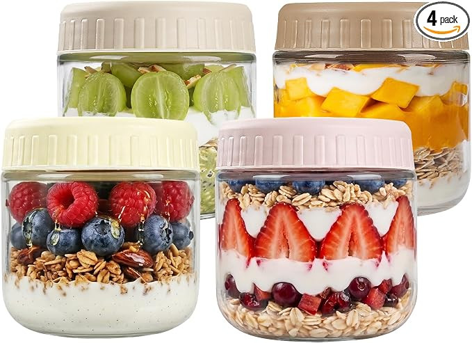 Overnight Oats Containers with Lids, 10oz Glass Jars with Lids 4 pcs, Wide Mouth Mason jars for S... | Amazon (US)
