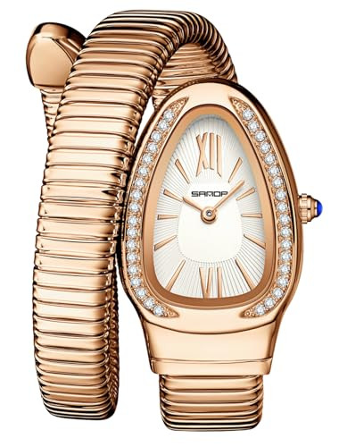 Gosasa Stylish Women's Snake Shape Bangle Watch Unique Design Snake Coil Elegant Dress Diamond Bracelet Ladies Quartz Wristwatch with Roman Numerals Dial | Amazon (US)
