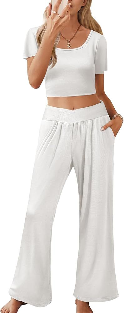 Ekouaer 2 Piece Lounge Sets Women Pajama Sets Short Sleeve Wide Leg Pants Matching Outfit Sets wi... | Amazon (US)