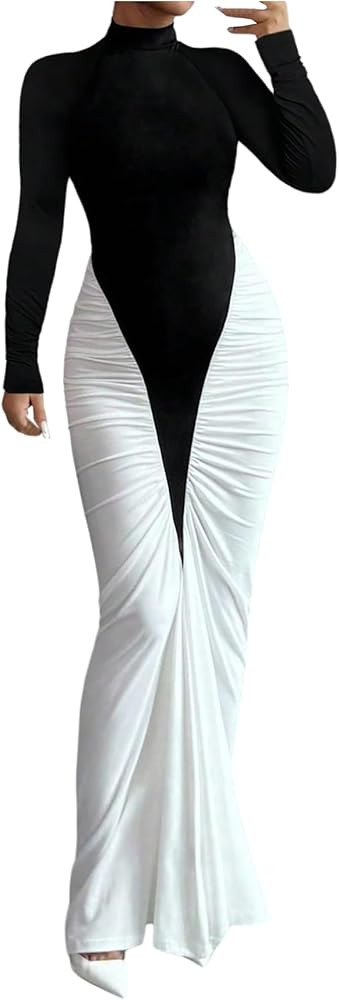 GORGLITTER Women's Color Block Ruched Bodycon Maxi Dress Long Sleeve High Neck Cocktail Dresses | Amazon (US)