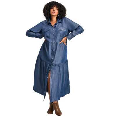 Avenue Denim Tiered Shirtdress - 20, Dark Wash | Target