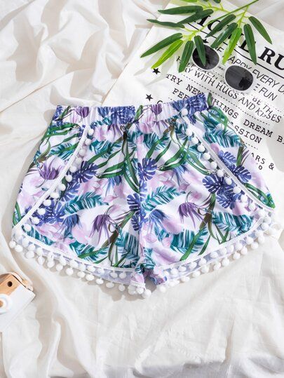 Tropical Pom-pom Trim Cover Up Shorts | SHEIN