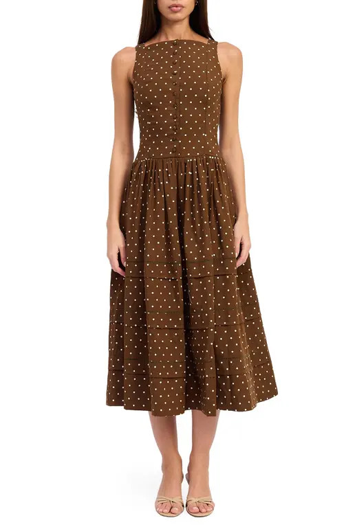 En Saison Stella Polka Dot Midi Dress in Brown Ivory at Nordstrom, Size X-Large | Nordstrom