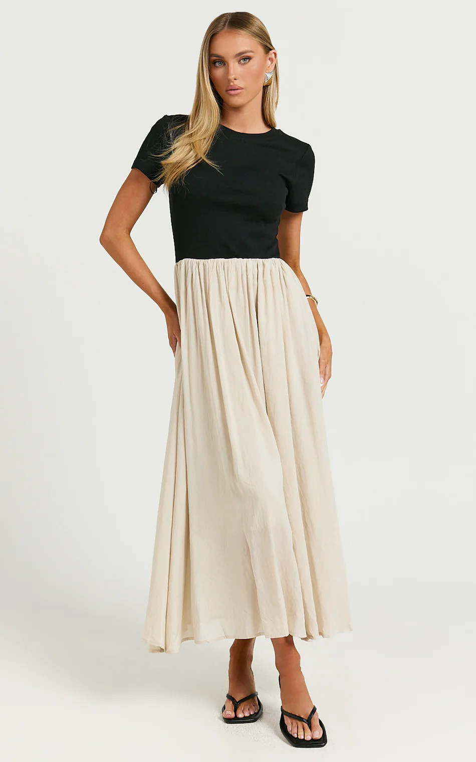 Hermie Midi Dress - Short Sleeve Contrast Dress in Black & Beige | Showpo (ANZ)
