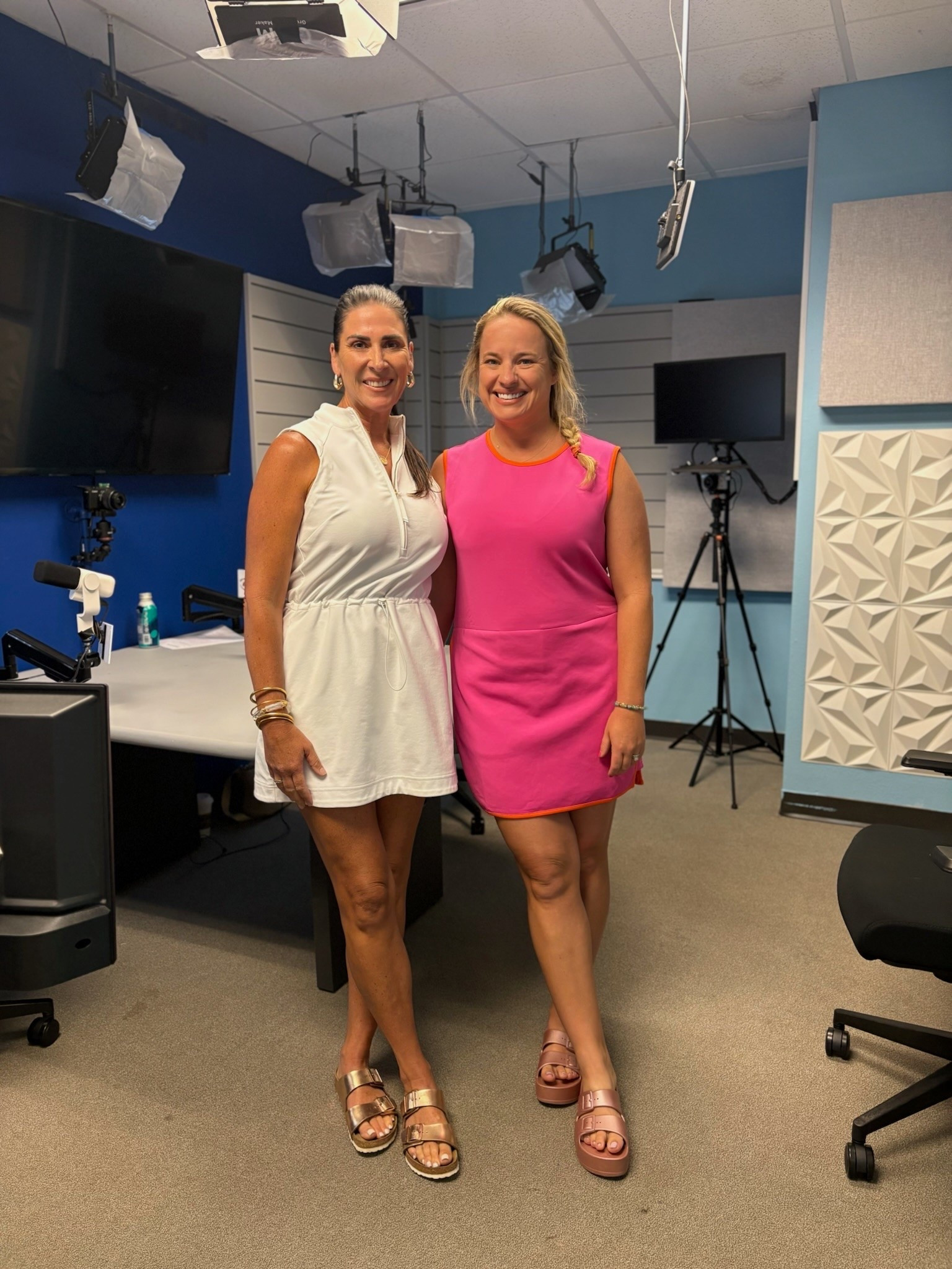 Podcast days call for outfits that are comfortable enough to wear through a recording but still feel put together on camera! Bright color, easy dresses, and comfy sandals were exactly the right combination for a day in the studio.

podcast outfit, studio style, casual dress outfit, sleeveless dress, summer dress, pink dress, white dress, comfortable sandals, everyday style, casual chic, women over 40 fashion, themomgamepod

#LTKootd #LTKmomlife #LTKWorkwear