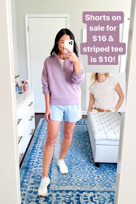 Casual outfit on sale! Dusty blue shorts for $16 (sale ends tomorrow night!). My tan striped crewneck tee is only $10. Shorts are high-waisted, have pockets, and an excellent length. Easy everyday outfit for moms. Top fits TTS, shorts are TTS, but if Between sizes I would size up. I’m wearing a small in both.

Mom style, casual, activewear, athletic shorts, striped t-shirt, Target style, athleisure, affordable, white tennis shoes, sneakers #casual #momstyle #targetstyle #affordable #activewear 

#LTKFind #LTKunder50 #LTKsalealert