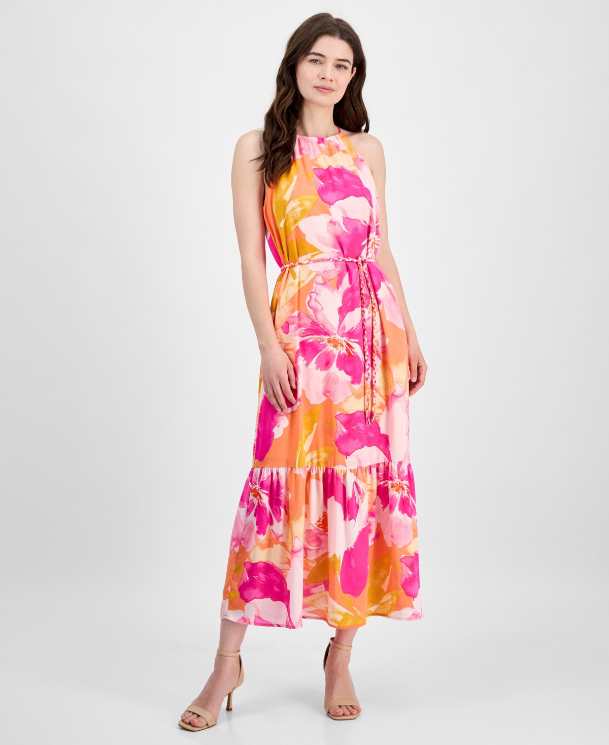 Anne Klein Women's Tiered Floral Halter Maxi Dress - Bright Orange Multi | Macy's