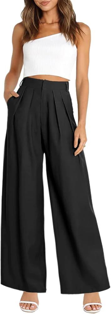 NIeyook Women's Wide Leg Pants Elastic High Waisted Trousers Business Work Casual Pants with Pock... | Amazon (US)