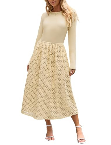 Theenkoln Women Eyelet Midi Dress:Long Sleeve Crew Neck Modest Hollow Out Lace A-Line Casual Fall... | Amazon (US)