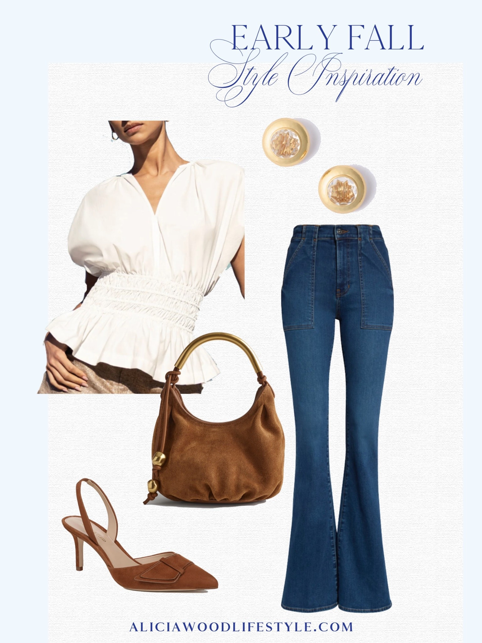 Early Fall Style Inspiration 

Brochu Walker ivory top with smocked waist and peplum detail 
Dark wash denim 
Tan suede slingback 
Suede handbag 
Gold stud earrings 



#LTKStyleTip #LTKOver40 #LTKSeasonal