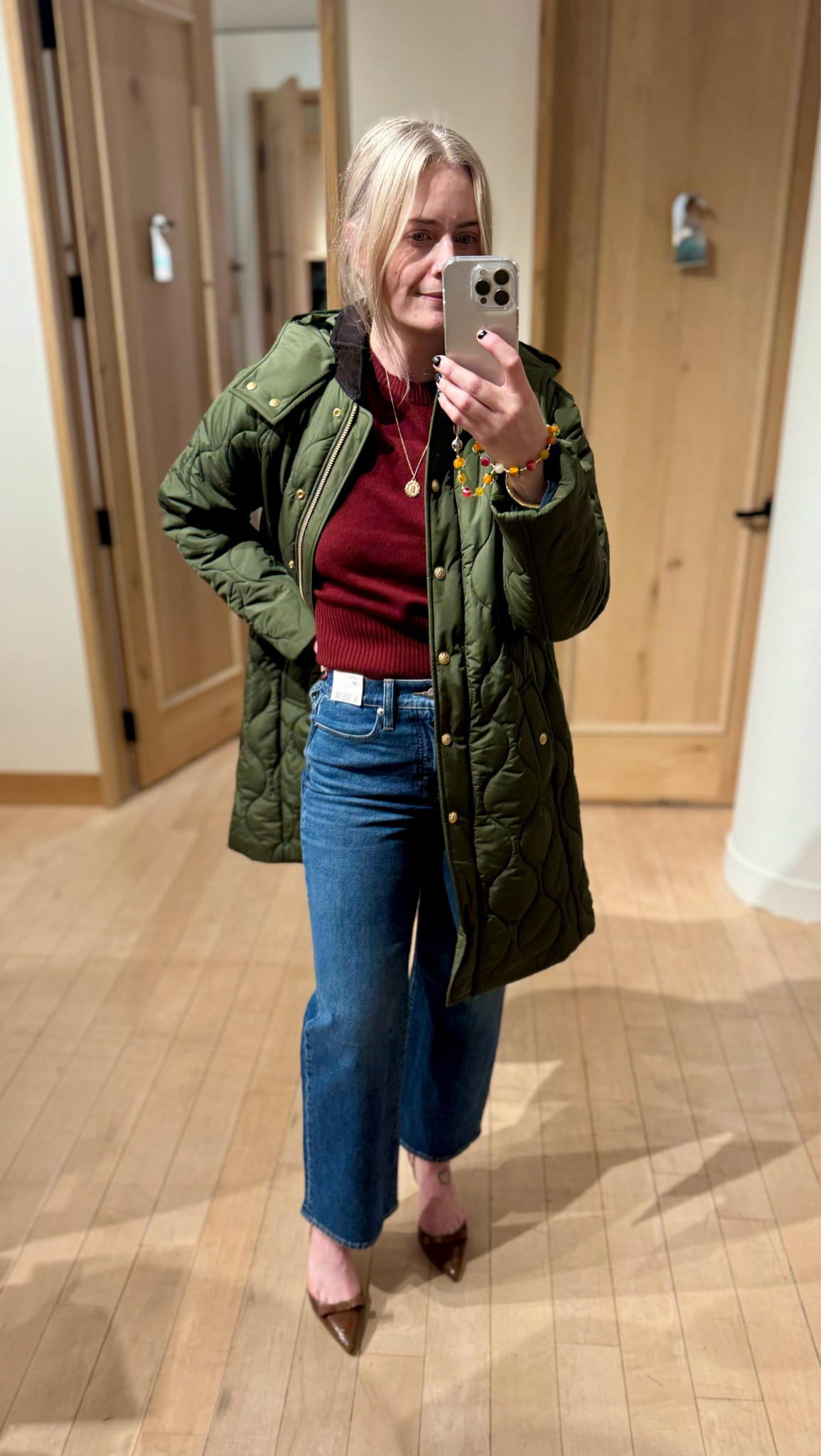 I love all of these colors together and it’s really giving cozy but chic winter vibes. I’m in a small in the cashmere sweater; I’d recommend sizing up one or two sizes if you would like it to be more oversized vs fitted. The jeans are the slim wides and I’m in my usual 26, but it was rather tight on my hips so I’m going to try the curvy variation next time. I love the look of the Colette bow pumps (true to size) in deep caramel and the Stowe Puffer jacket in rich olive with this outfit to make it classy but casual at the same time. The jacket is a little oversized, which is great for layering. It comes in petite and tall options too! 

#LTKStyleTip #LTKSeasonal #LTKShoeCrush