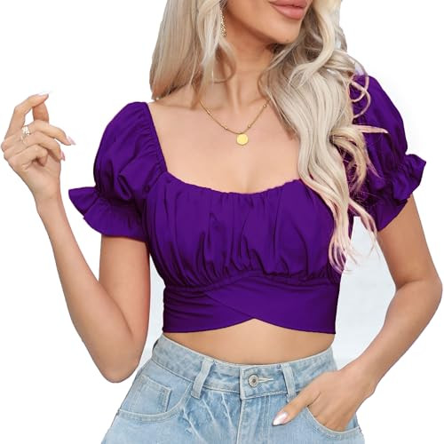 COOUFE Women's Crop Tops Ruffle Short Sleeve Tie Back Off Shoulder Blouse Purple S | Amazon (US)