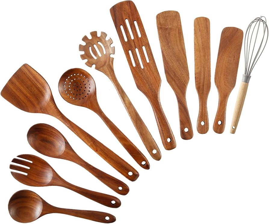 Wooden Spoons for Cooking, 11Pcs Wooden Kitchen Utensil Set, Natural Teak Wood Spatula Spurtles S... | Amazon (US)