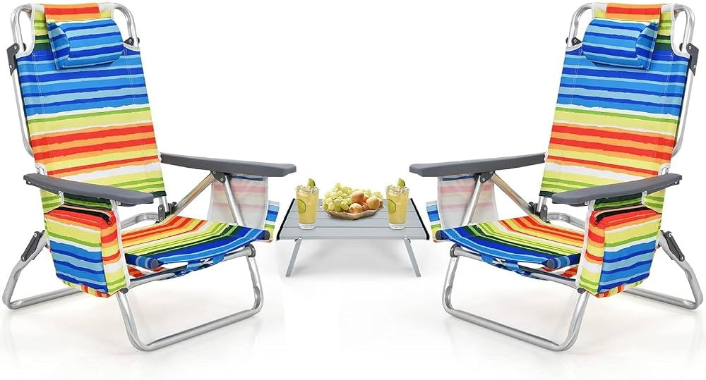 COSTWAY Backpack Beach Chairs Set, 3-Piece Portable Camping Chairs with Cup Holder, Ice Bag, 5-Po... | Amazon (US)