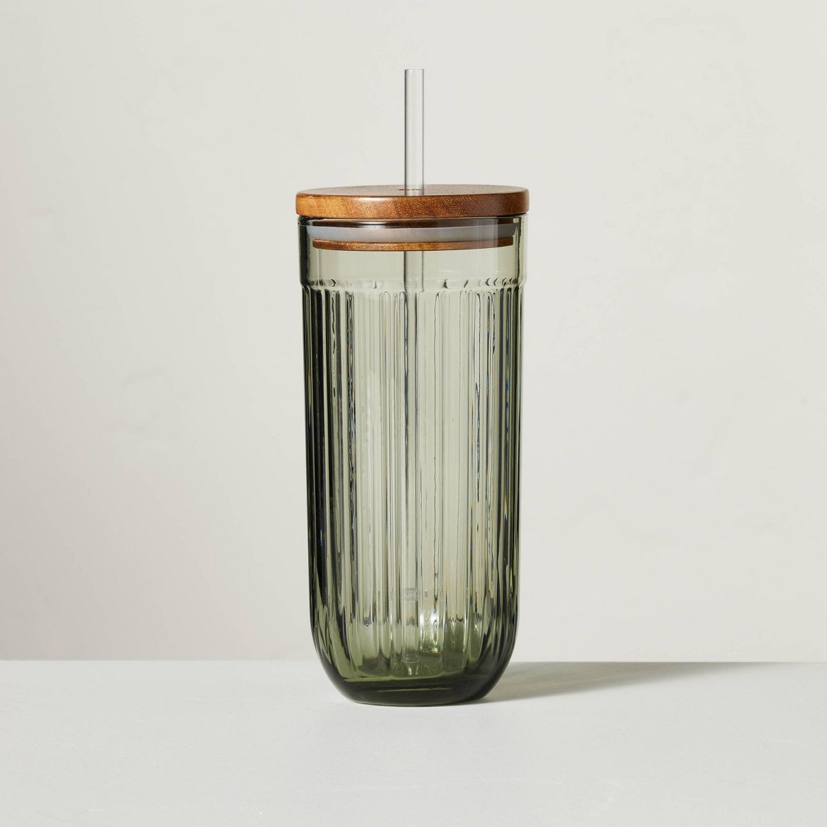 21oz Fluted Glass Tumbler with Wood Lid Green - Hearth & Hand™ with Magnolia | Target