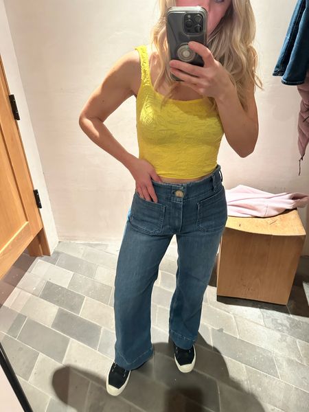 @anthropologie + on sale now! This yellow tank (XS)  and jeans (26) - standard size fit with flats as regular length. For cropped look buy petite! 

#LTKfindsunder100 #LTKsalealert #LTKstyletip