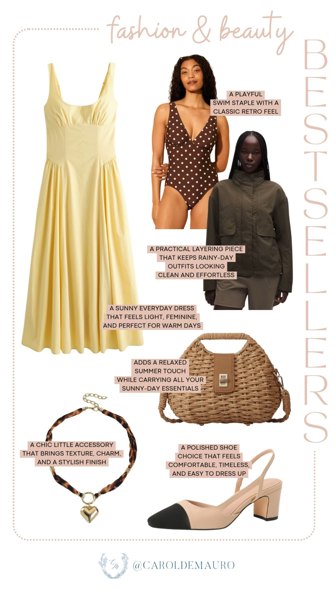 fashion finds, beauty favorites, weekly bestsellers, summer dresses, polka dot one piece swimsuit, woven handbag, butter yellow dress, heart pendant necklace, cap toe sandals, block heels, olive jacket, follower favorites

#LTKootd #LTKPetite #LTKU