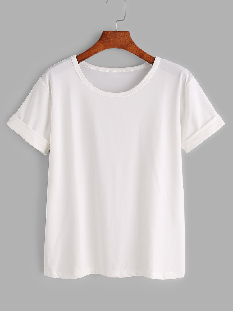 Solid Rolled Short Sleeve Tee | SHEIN
