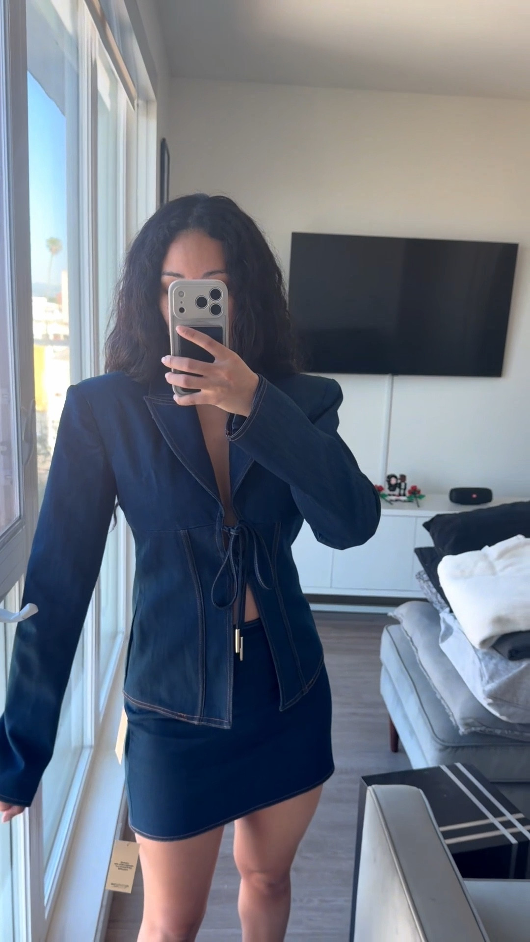 Outfit try on: denim blazer + mini skirt set! Obsessed ✨ So structured, durable, warm yet cool at the same time. The sleeves are soft inside with satin lining. Great for brunch, mixers, dates, dinner (top & skirt size 6) 

#LTKdayinmylife #LTKgrwm #LTKootd