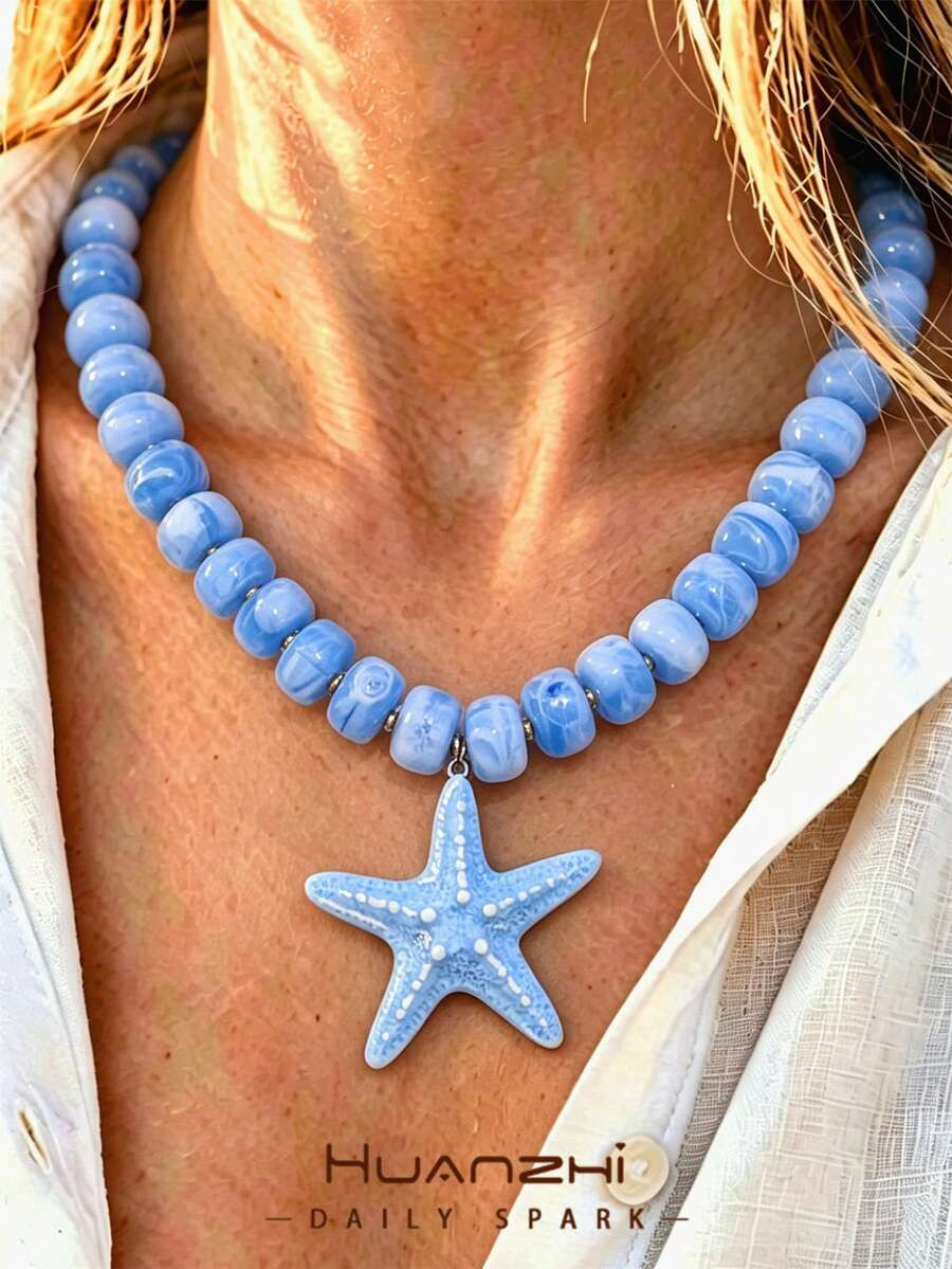 1pc Blue Starfish Beaded Pendant Necklace, Summer Ocean Vacation Style Sexy Exaggerated Blue Bead... | SHEIN