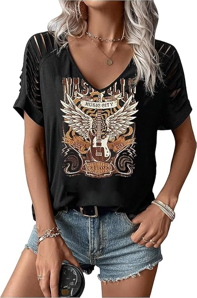 Rock Band T-Shirt for Women V-Neck Country Music Short Sleeved Shirt Retro Nashville Guitar Graph... | Amazon (US)