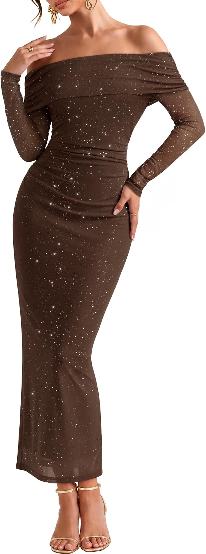 MEROKEETY Womens Fall Long Sleeve Off Shoulder Glitter Mesh Maxi Dress 2026 | Amazon (US)