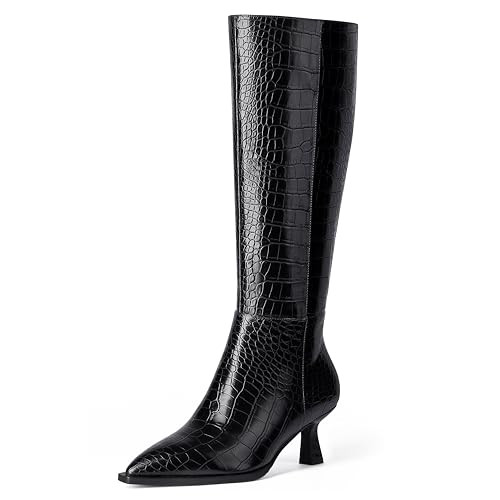 MUCCCUTE Black Knee High Boots for Women Kitten Heel Tall Boots Pointed Toe Fall Boots Crocodile Long Boots with Side Zipper Size 7.5 | Amazon (US)