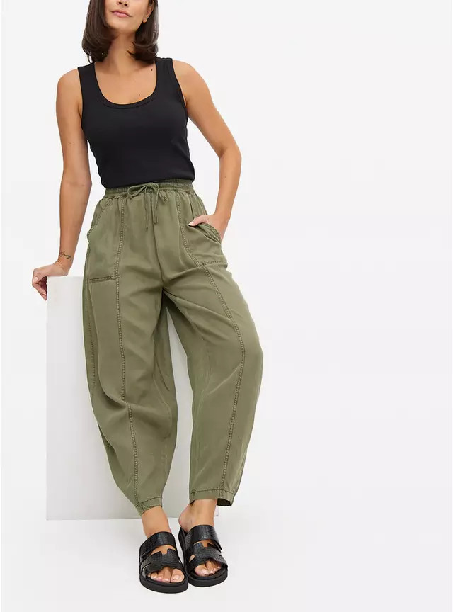 Khaki Utility Barrel Leg Trousers  14 | Tu Clothing