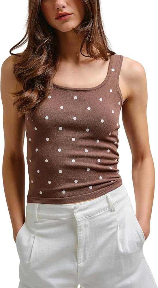 Dqbeng Womens Ribbed Polka Dot Tank Tops Sleeveless Scoop Neck Cami Top | Amazon (US)