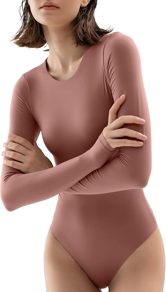 PUMIEY Women's Crew Neck Long Sleeve Bodysuit Second-skin Feel Tops Sexy Body Suits Women Clothin... | Amazon (US)