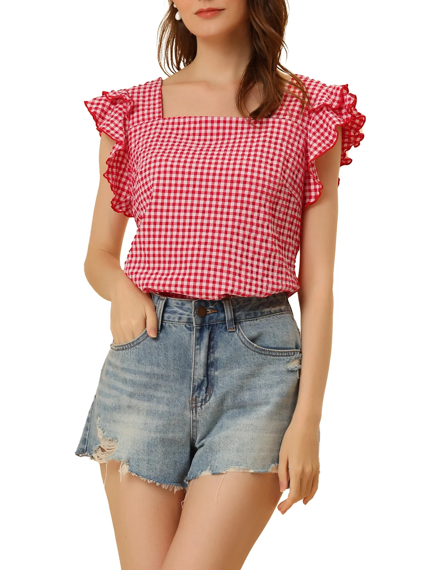 Allegra K Summer Gingham Tops for Women's Square Neck Ruffle Sleeve Blouse | Walmart (US)
