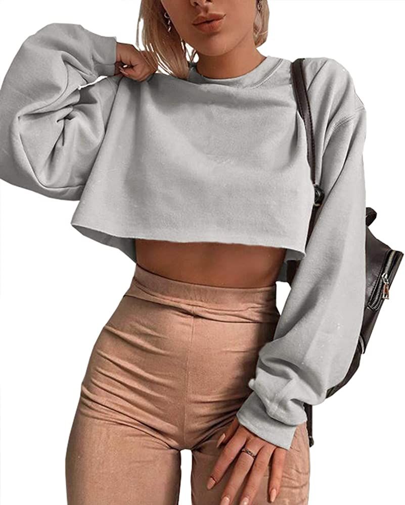 Artfish Women's Crewneck Long Sleeve Crop Tops Workout Casual Pullover Loose Sweatshirts | Amazon (US)