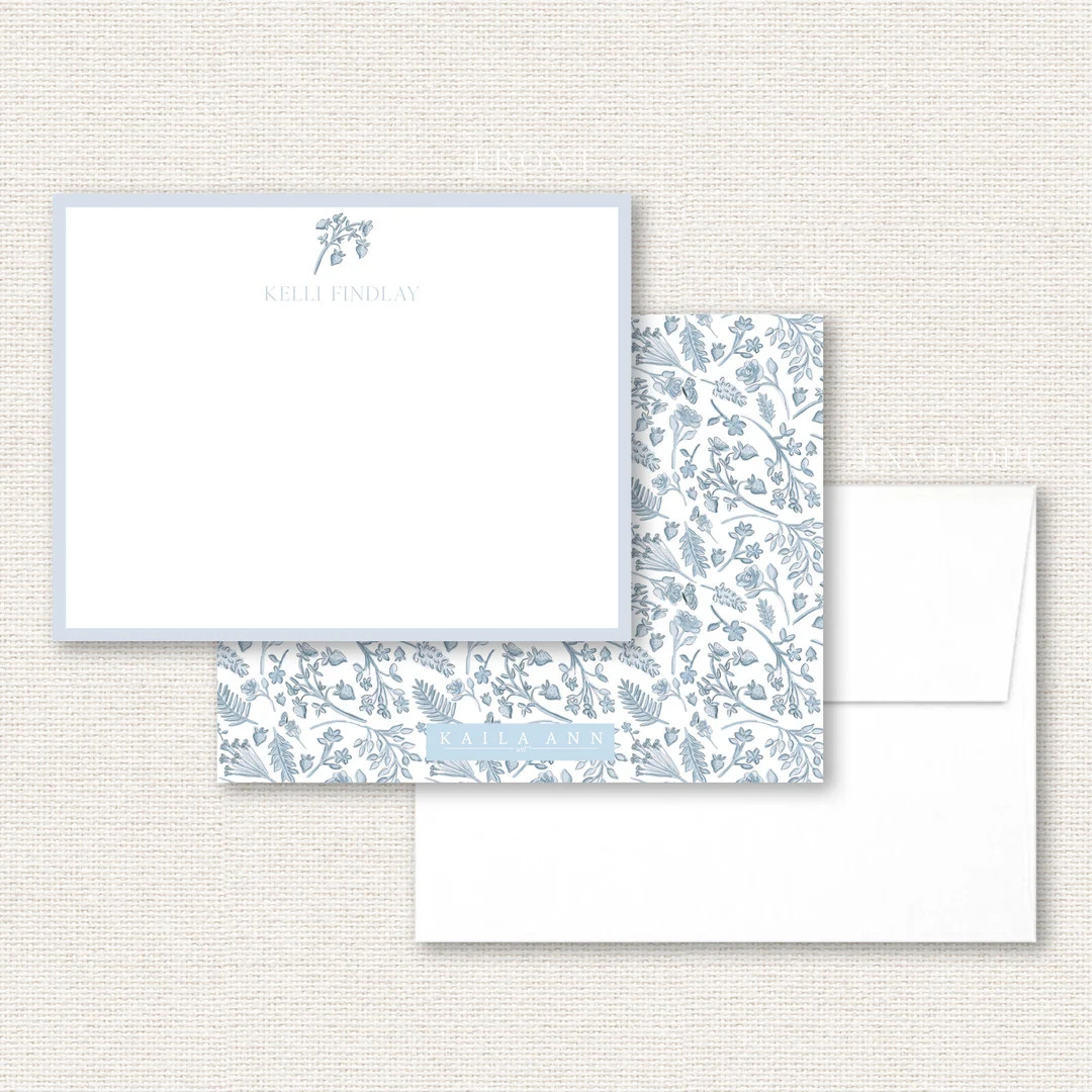 Custom Blue Botanical Stationery Set, Custom Blue Floral Notecard Set, Personalized Stationery Se... | Etsy (US)