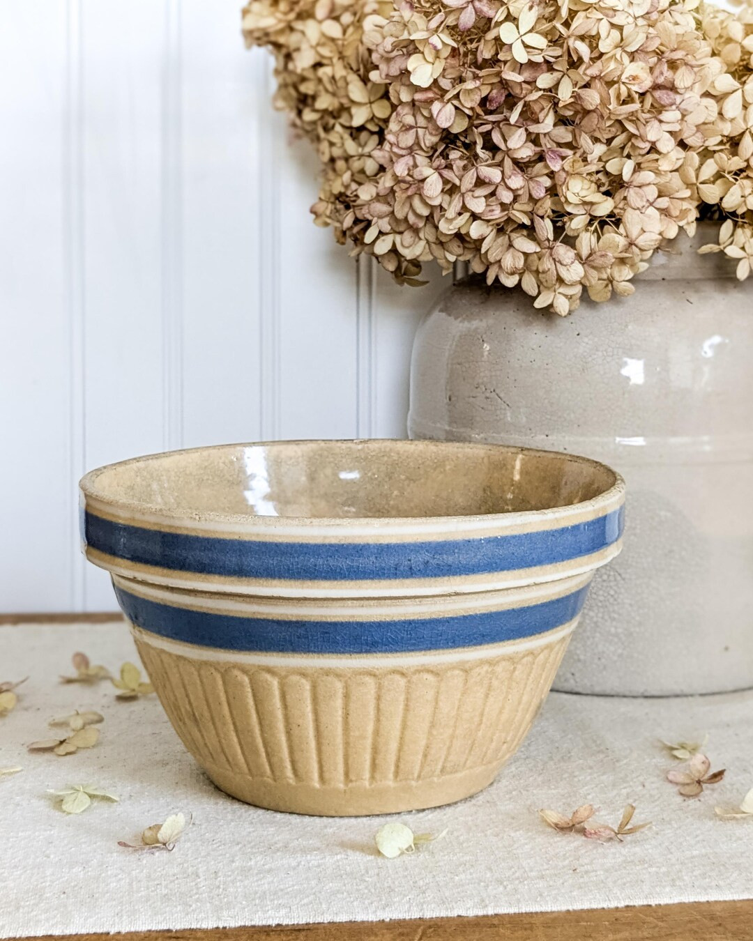 Antique Mixing Bowl Yellow Ware Bowl Blue Stripe Pottery Bowl - Etsy | Etsy (US)