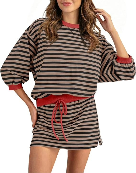 Wenrine Womens 2 Piece Striped Mini Skirt and Sweatshirt Set Long Sleeve Oversized Matching Skort... | Amazon (US)