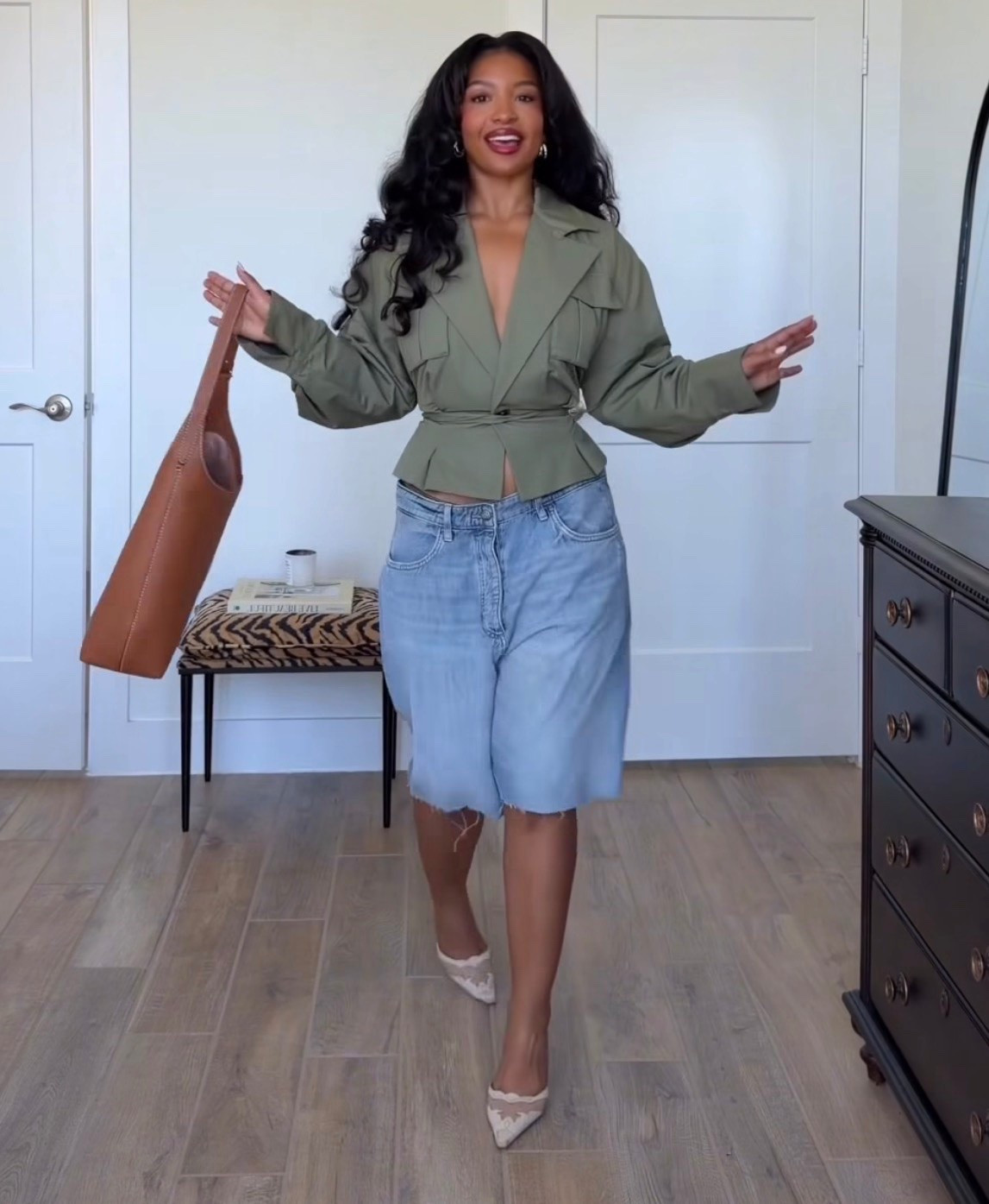 Green cropped trench 
Bermuda jeans

#LTKootd #LTKPetite #LTKBeauty