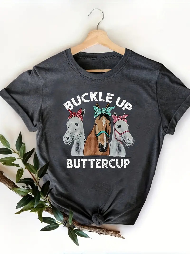 Horse & Letter Print Summer T-shirt, Cute Short Sleeve Crew Neck Top, Women's Clothing | Temu Affiliate Program