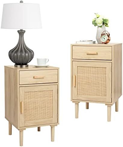 Finnhomy Tall Nightstands Set of 2, End Table, Side Table with Drawer and Shelf, Hand Made Rattan... | Amazon (US)