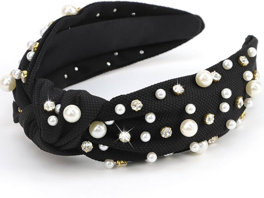 Jaciya Pearl Black Headband for Girls Women Rhinestone Headband Wide Knotted Headband for Women B... | Amazon (US)