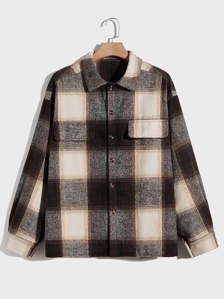 Newqinx Jackets for Men - Guys Plaid Print Drop Shoulder Overcoat (Color : Multicolor, Size : X-L... | Amazon (US)