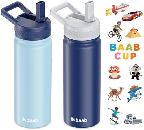 baab 18oz Kids Insulated Water Bottle 18/8 Stainless Steel Straw Cup 2 Pack | BPA-Free, DIY Stick... | Amazon (US)