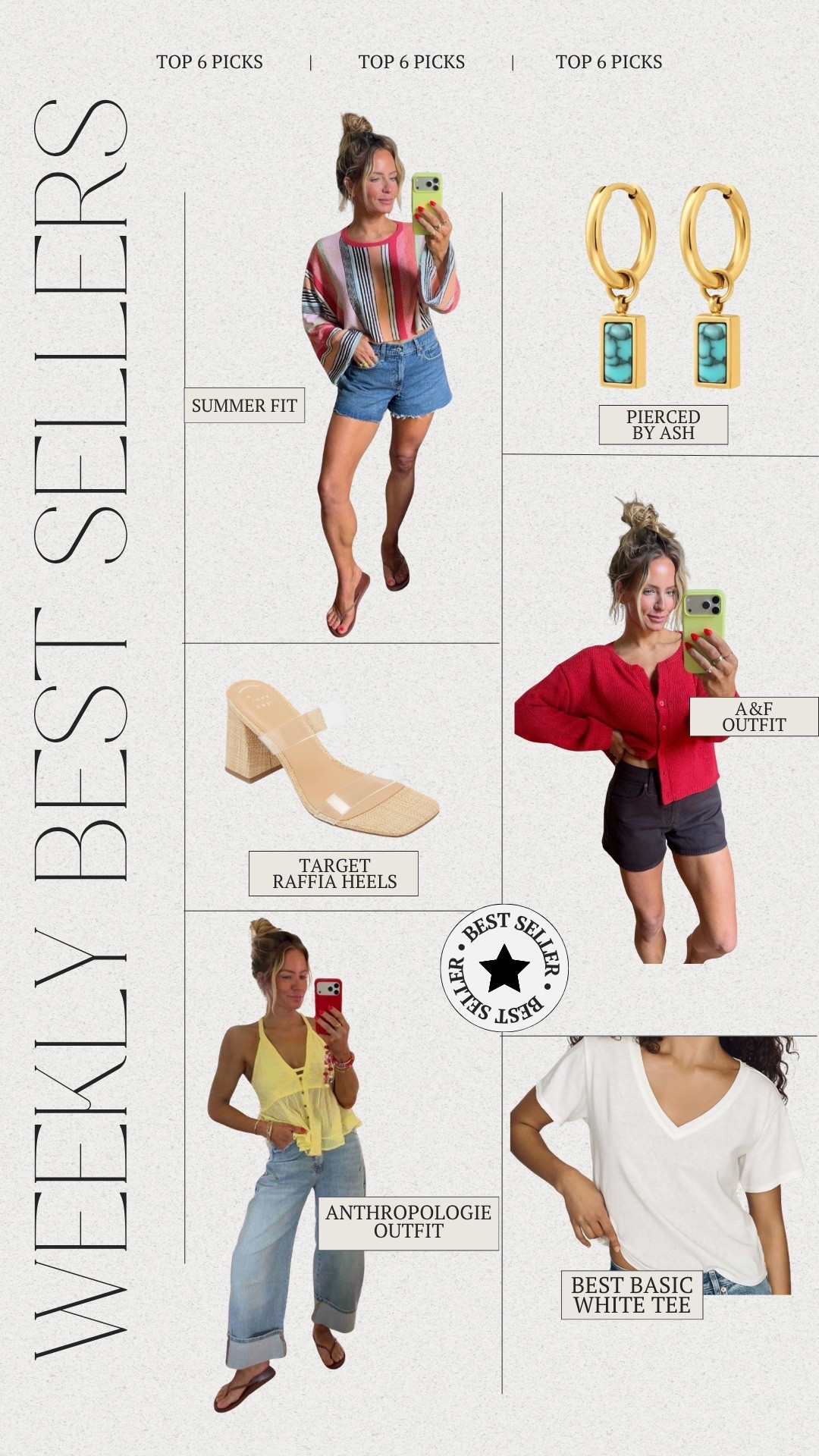 Weekly Top Six Picks 

1. Summer Fit from Free People & Abercrombie 
2. Target raffia heels 
3. Anthropologie Fit
4. Pierced by Ash earrings - code LOLA
5. A&F fit - I love a red cardi!!
6. My newest white tee - I’m obsessed

#LTKootd #LTKSeasonal #LTKgrwm