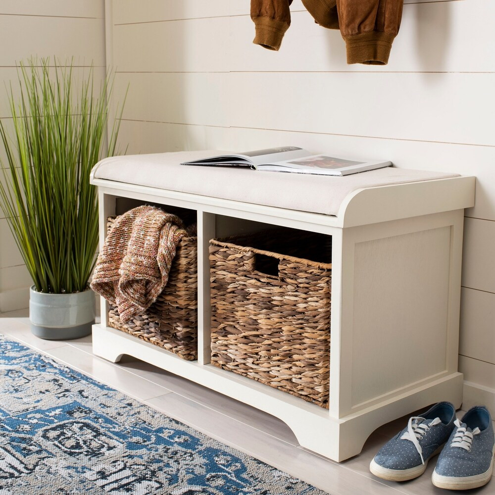 Safavieh Freddy Distressed White Wicker Storage Bench - 33.5" x 16.1" x 19.9" (Pine/MDF/Wicker - Fab | Bed Bath & Beyond