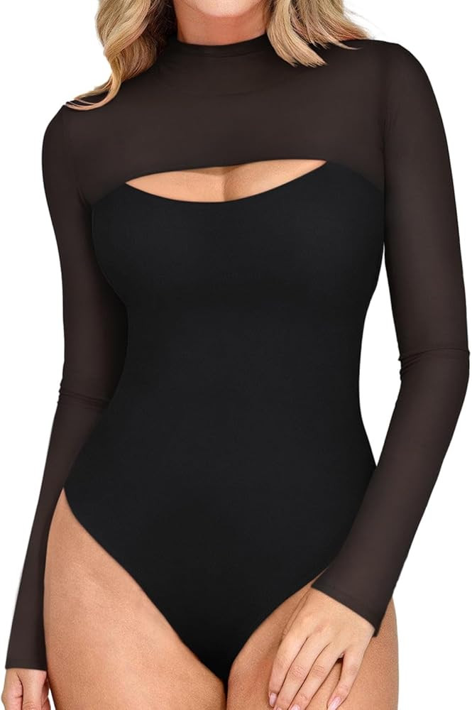 REORIA Women's Sexy Cutout Turtle Neck Long Sleeve Sheer Mesh Thong Bodysuits Tops Trendy Fall Go... | Amazon (US)