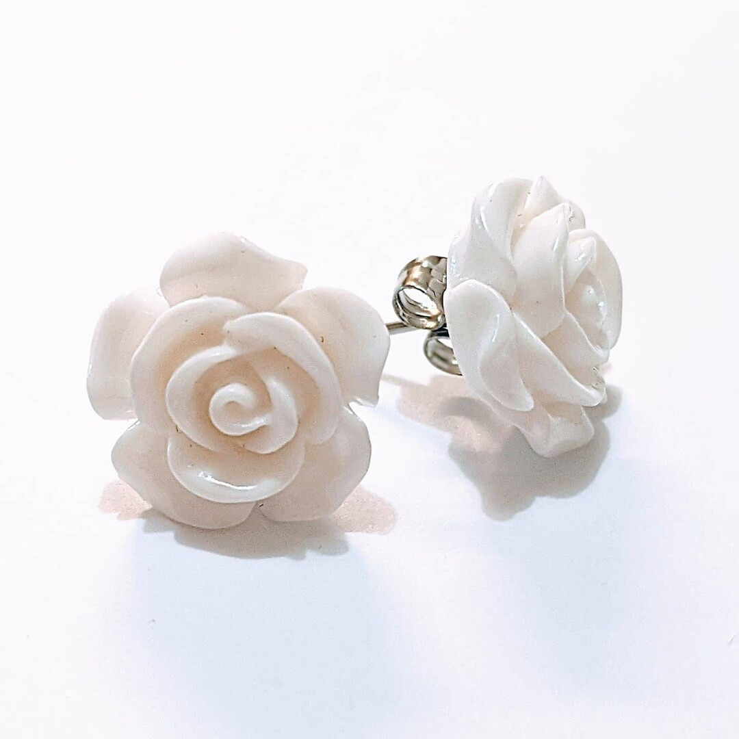 White rose stud earrings | sterling silver | hypoallergen | white flowers earrings | gift for her... | Etsy (UK)