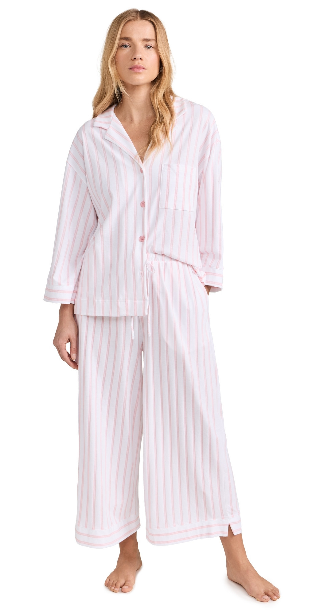 Petite Plume Women's Luxe Pink Stripe Wide Leg Pajama Set White/Pink L | Shopbop