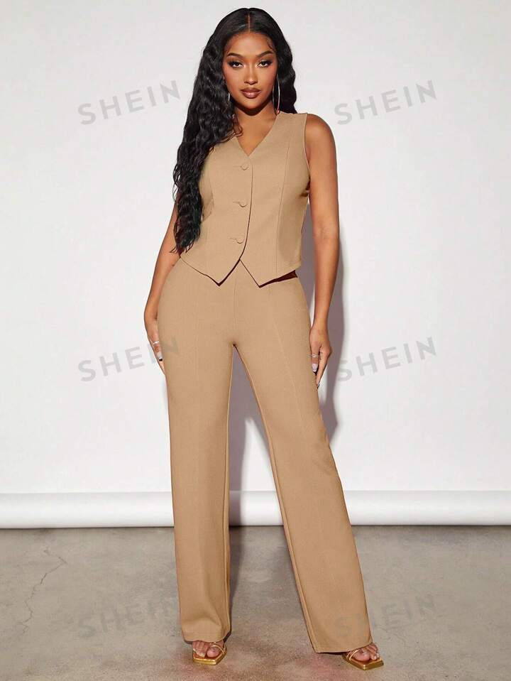 SHEIN SXY Solid Button Front Waistcoat & Pants | SHEIN
